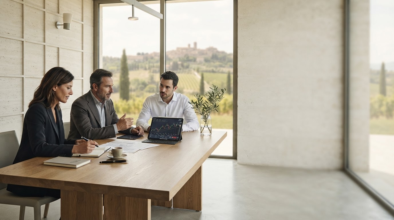 Bussola Randivo — superficie di pietra naturale sovrapposta a linee di dati digitali, metafora dell'allocazione algoritmica